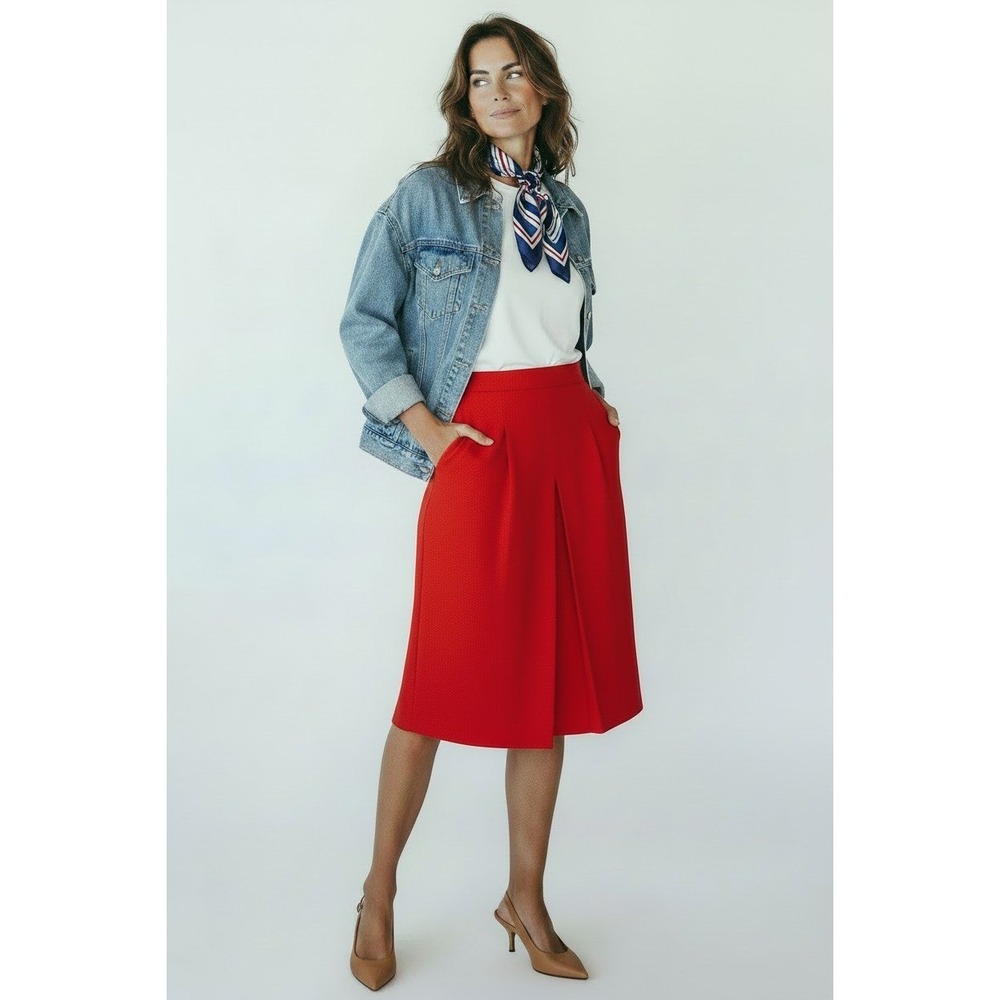 Vintage Red Linen Blend Pleated Knee High Skirt Womens 25 Waist Red A-Line